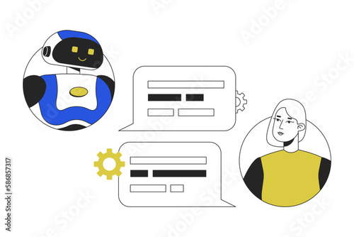 Conversational AI chatbot line concept vector spot illustration. Editable 2D flat colour cartoon characters on white for web design. Virtual tool creative lineart idea for website, mobile, blog