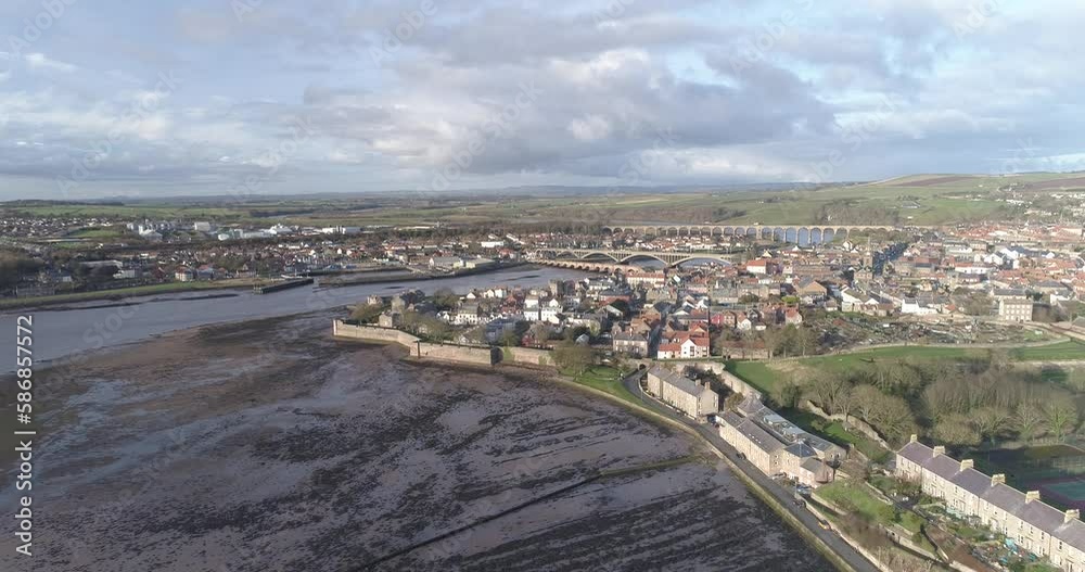 High aerial push in towards town of Berwick Upon tweed High aerial push in towards town of Berwick Upon tweed