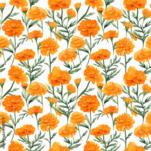 Seamless pattern with tagetes flowers on white background. Repeating endless texture with watercolor orange flowers. Generative AI.