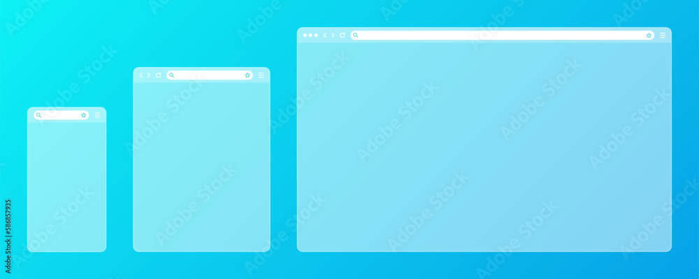 Blank transparent web browser window with toolbar and search field on colorful background. Modern website, internet page. Browser mockup for computer, tablet and smartphone. Vector illustration