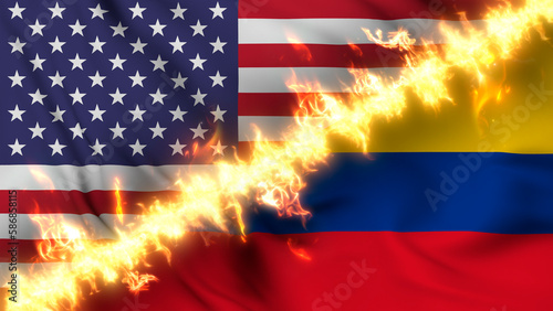 Illustration of a waving flag of Colombia and the United States separated by a line of fire. Crossed flags: depiction of strained relations, conflicts and rivalry between the two countries.