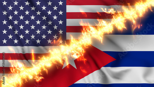 Photography Illustration of a waving flag of Cuba and the United States separated by a line of fire