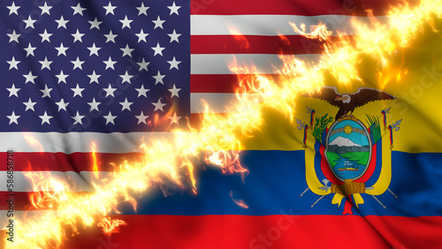 Illustration of a waving flag of Equador and the United States separated by a line of fire. Crossed flags: depiction of strained relations, conflicts and rivalry between the two countries. photo