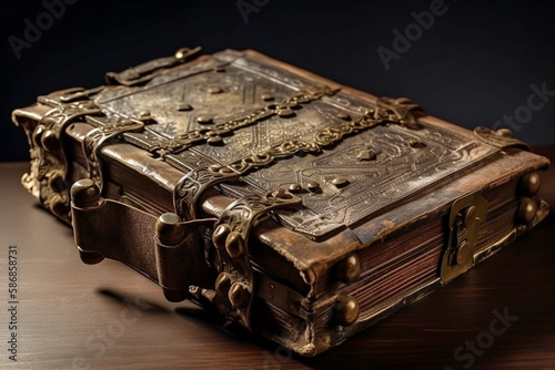Antique book in leather binding and leather cover, bronze locks. Parchment, antique book. Expensive binding. Generative AI.
