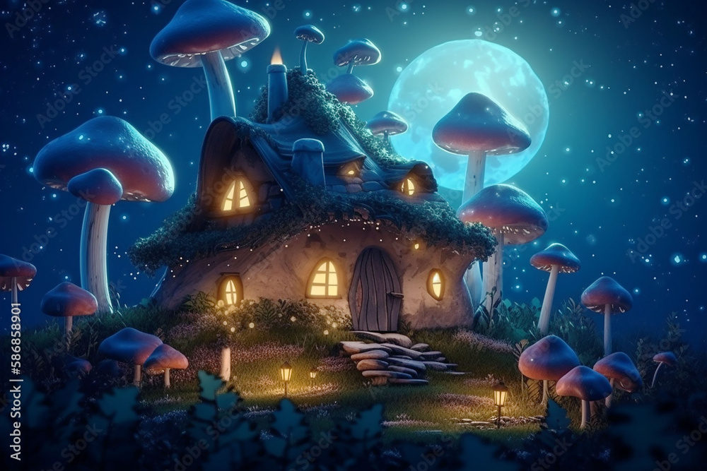 Cartoon. Fairy-tale house in a fairy-tale forest of huge mythical mushrooms. Full moon, moonlight. Poster. Generative AI.
