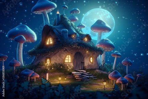Cartoon. Fairy-tale house in a fairy-tale forest of huge mythical mushrooms. Full moon, moonlight. Poster. Generative AI. 