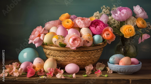 Festive decorated easter table with easter eggs and flowers, Generative AI