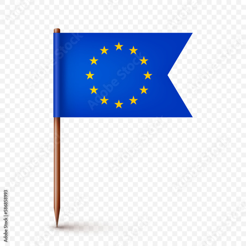 Realistic European toothpick flag. Souvenir from Europe. Wooden toothpick with paper flag. Location mark, map pointer. Blank mockup for advertising and promotions. Vector illustration