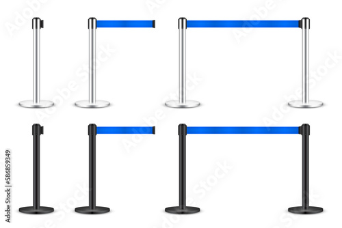 Realistic blue retractable belt stanchion. Crowd control barrier posts with caution strap. Queue lines. Restriction border and danger tape. Attention, warning sign. Vector illustration