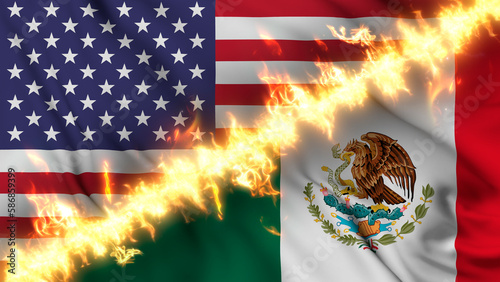 Vászonkép Illustration of a waving flag of Mexico and the United States separated by a line of fire