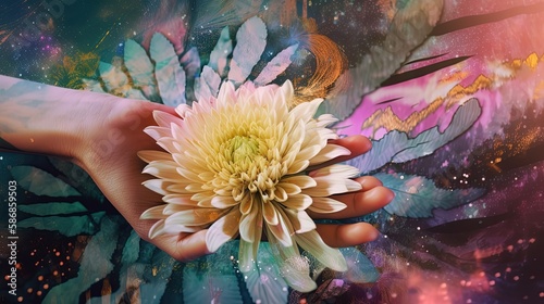soft focus euphoria dreamy aura atmosphere, collage illustration style of woman hands touching on flower, idea for happiness and peaceful close to nature life, Generative Ai