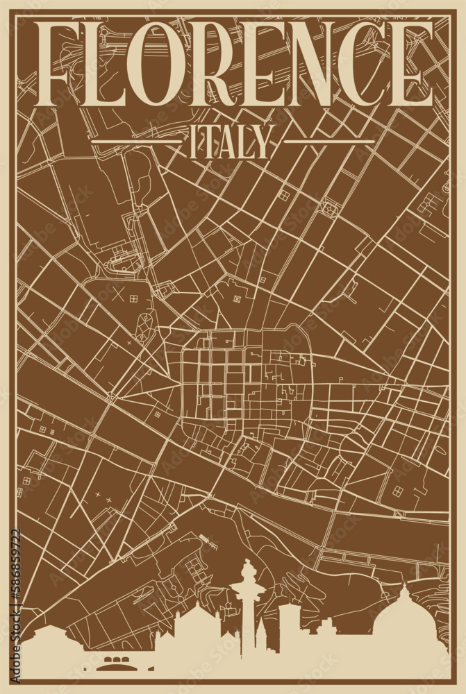 Colorful hand-drawn framed poster of the downtown FLORENCE, ITALY with highlighted vintage city skyline and lettering Colorful hand-drawn framed poster of the downtown FLORENCE, ITALY with highlighted vintage city skyline and lettering