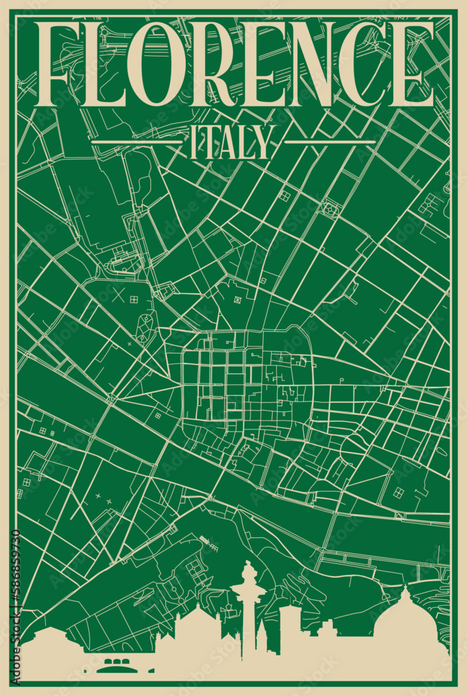 Colorful hand-drawn framed poster of the downtown FLORENCE, ITALY with highlighted vintage city skyline and lettering