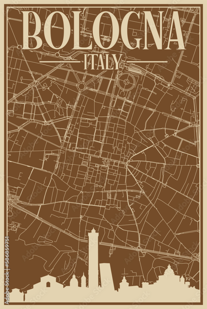 Colorful hand-drawn framed poster of the downtown BOLOGNA, ITALY with highlighted vintage city skyline and lettering