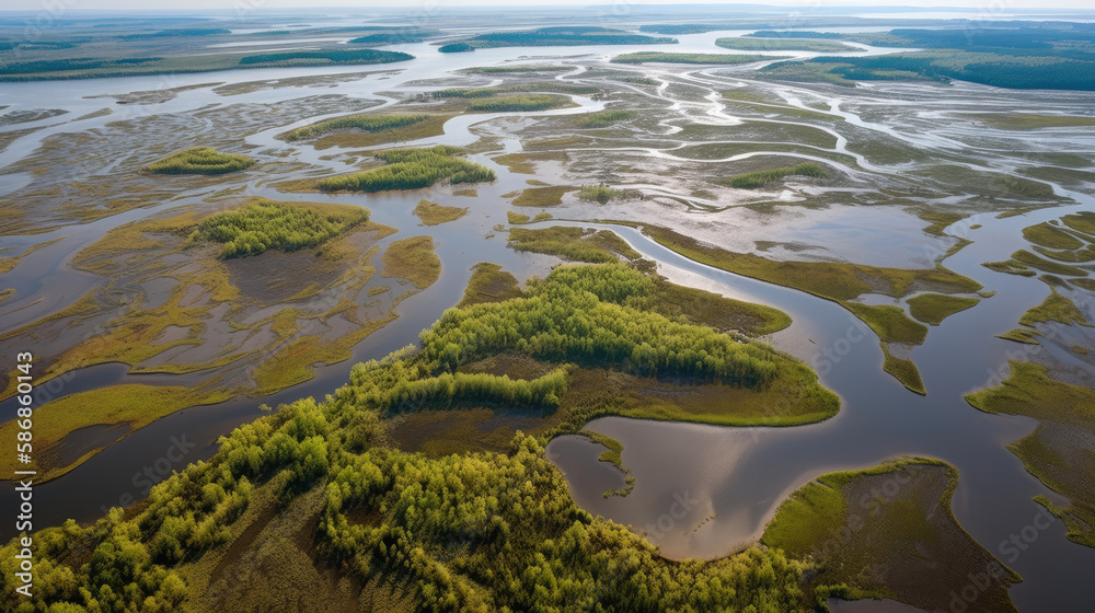 Extensive river delta in the Rapa Valley. Aerial view. Beautiful Scandinavian scenery of Sweden. Generative AI