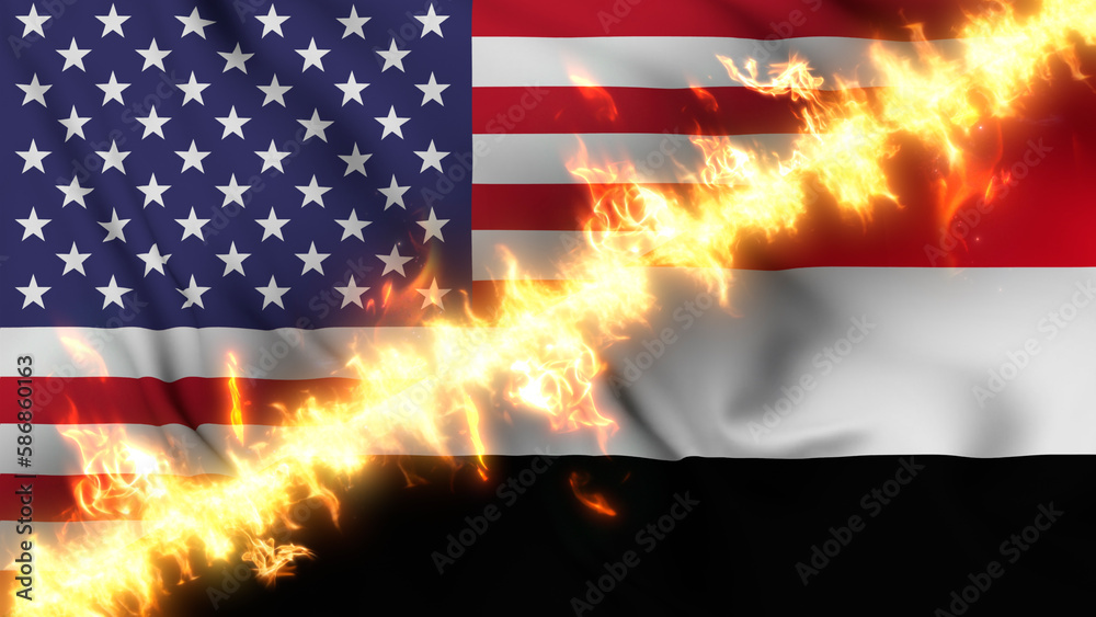 Φωτογραφία Illustration of a waving flag of Yemen and the United States separated by a line of fire