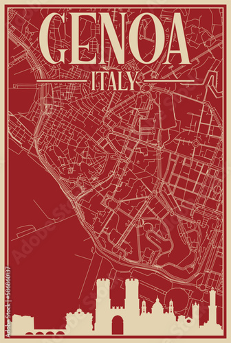 Colorful hand-drawn framed poster of the downtown GENOA, ITALY with highlighted vintage city skyline and lettering