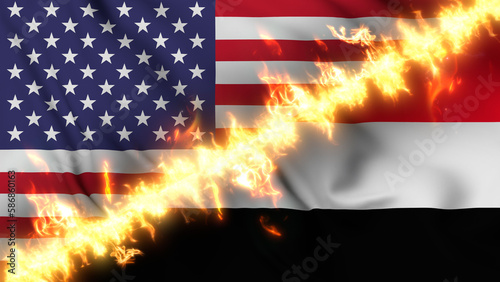 Bild auf Leinwand Illustration of a waving flag of Yemen and the United States separated by a line of fire