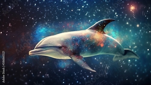 euphoria dreamy aura atmosphere, collage illustration style of a dolphin swimming under starfield, Generative Ai © QuietWord