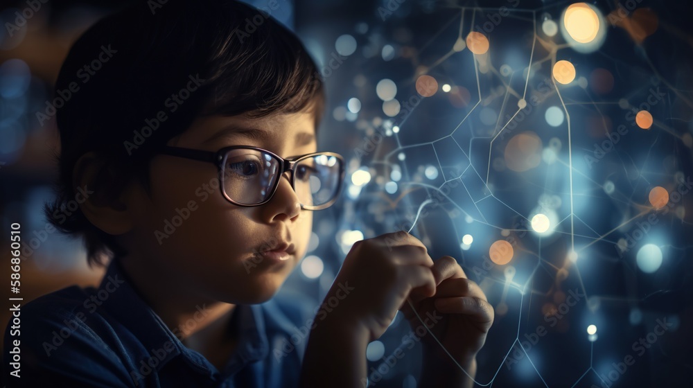 Illustration of genius child wearing glasses and using digital screen panel, hologram with virtual data. Abstract background. AI generative image. Illustration of genius child wearing glasses and using digital screen panel, hologram with virtual data. Abstract background. AI generative image.