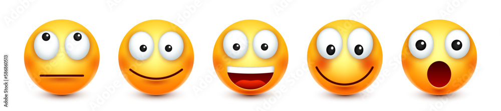 Fototapeta premium Cartoon emoji, emoticons collection. Yellow face with emotions, mood. Facial expression, realistic emoji. Sad, happy, angry faces. Funny character with smiling face. Vector illustration