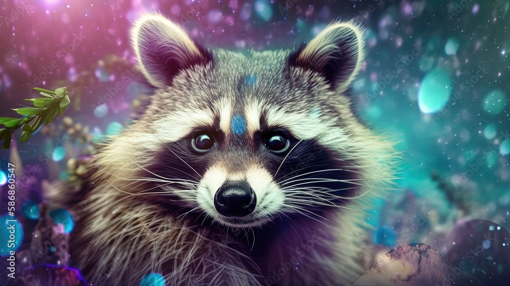 euphoria dreamy aura atmosphere, collage illustration style of cute raccoon under starfield space galaxy, generative Ai euphoria dreamy aura atmosphere, collage illustration style of cute raccoon under starfield space galaxy, generative Ai