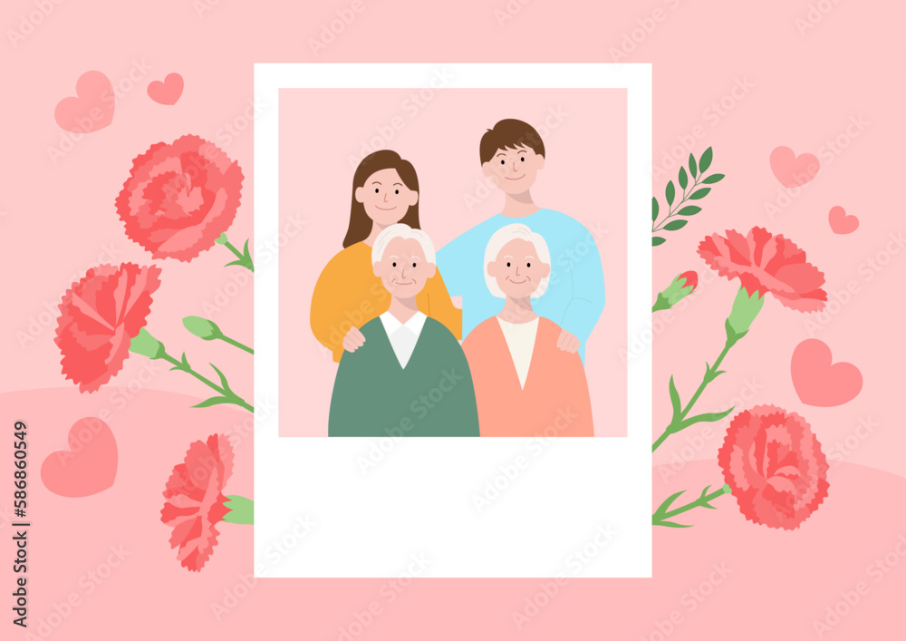 Illustration of family photo and carnations. Illustration of family photo and carnations.
