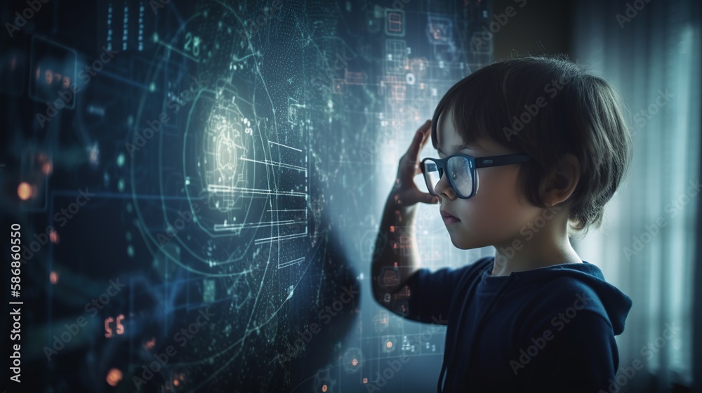 Illustration of genius child wearing glasses and using digital screen panel, hologram with virtual data. Abstract background. AI generative image. - obrazy, fototapety, plakaty 