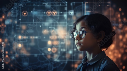 Illustration of genius child wearing glasses and using digital screen panel, hologram with virtual data. Abstract background. AI generative image. © vlntn