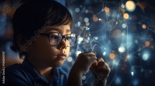 Illustration of genius child wearing glasses and using digital screen panel, hologram with virtual data. Abstract background. AI generative image. © vlntn
