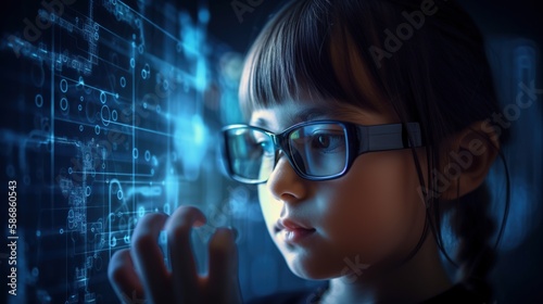 Illustration of genius child wearing glasses and using digital screen panel, hologram with virtual data. Abstract background. AI generative image.