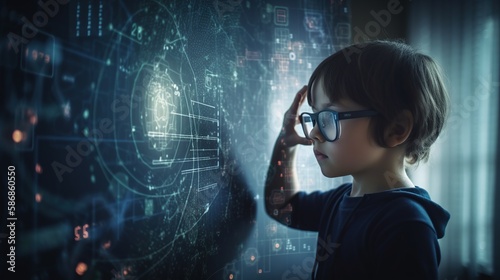 Illustration of genius child wearing glasses and using digital screen panel, hologram with virtual data. Abstract background. AI generative image. photo