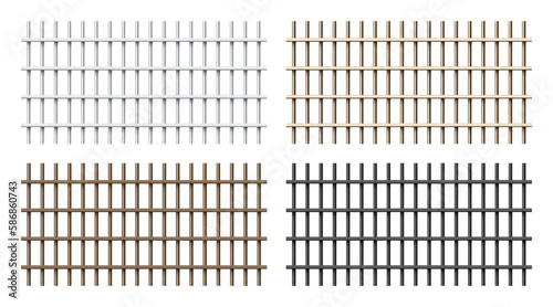 Realistic shiny metal prison bars isolated on white background. Detailed jail cage, prison iron fence. Criminal background mockup. Vector illustration