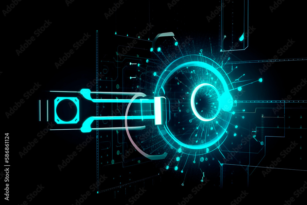 Illustration and background neon of cyber security data protection shield, with key lock security system, technology digital. Front view. Concept of database security software. Generative AI.