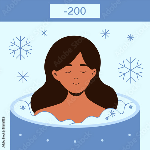 Peaceful woman in a cryosauna ice therapy vector illustration for benign and malignant lesions. Whole body cryotherapy. Painless freeze therapy for improved health.