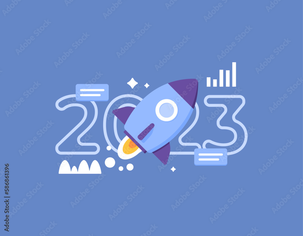 making new business in 2023. planning and strategy to develop business and success. launching a rocket or startup venture. resolution and improvement in 2023. illustration concept design. vector 