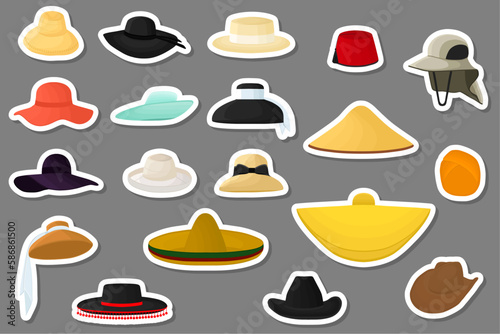 Illustration on theme big kit different types hats, beautiful caps