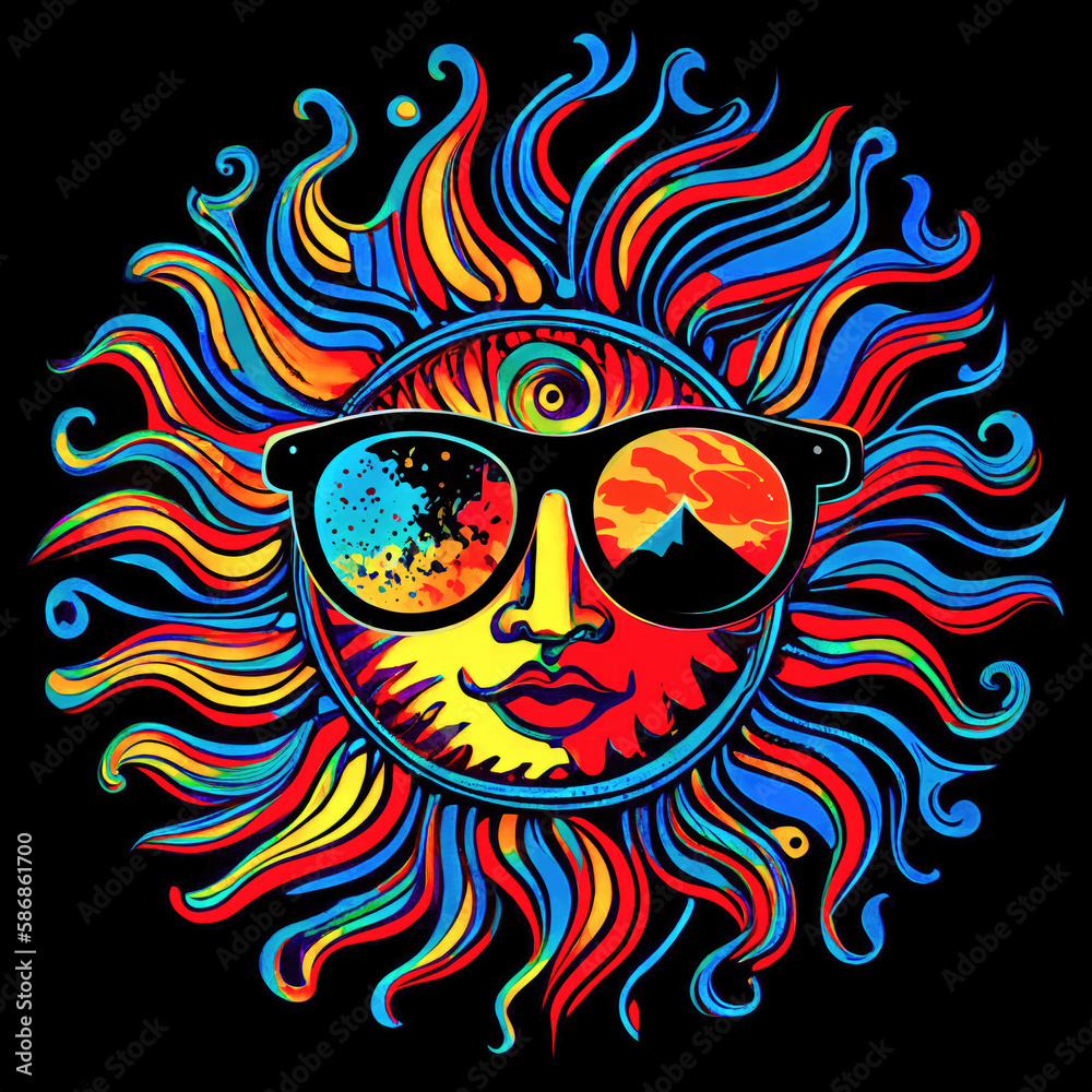 Hand drawn sun with sunglasses on a black background, Pop Art, ai generation