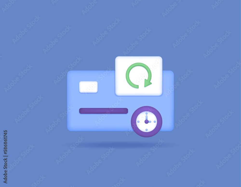 periodic bill payments, routine payments, recurring payments, automatic deposits every month. symbol or icon of debit or credit card, clock, rotation, repetition, auto. 3d and realistic illustration periodic bill payments, routine payments, recurring payments, automatic deposits every month. symbol or icon of debit or credit card, clock, rotation, repetition, auto. 3d and realistic illustration