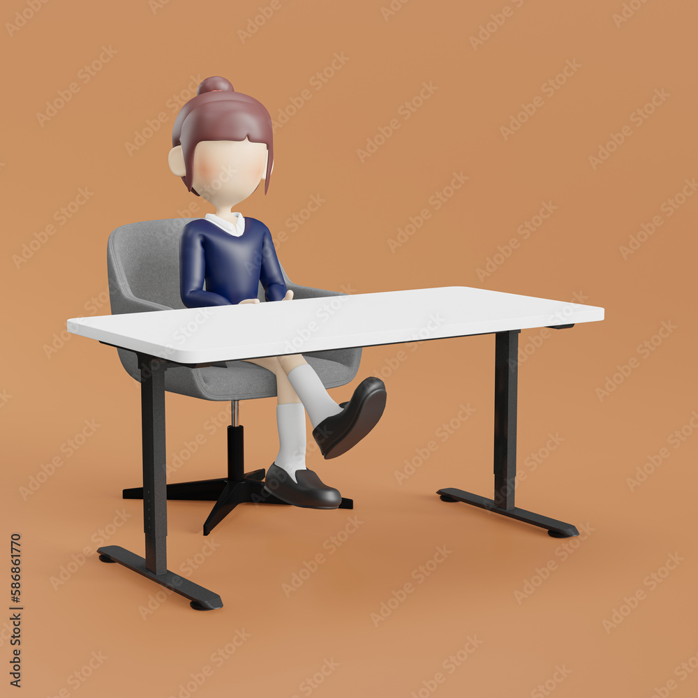 Fototapeta premium 3d cartoon woman sitting in chair with laptop, illustration isolated on white background