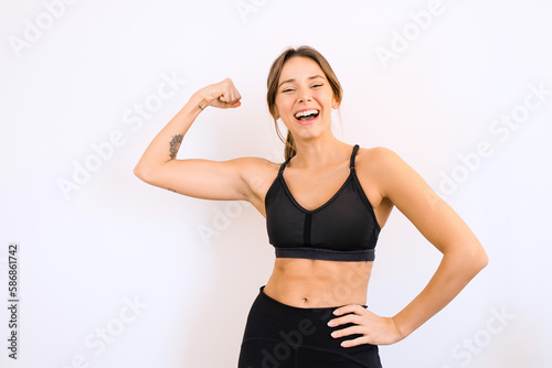 Happy Young Sporty Woman Showing Arm Muscles Fitness Fit Healthy Lifestyle Weight Training Exercises