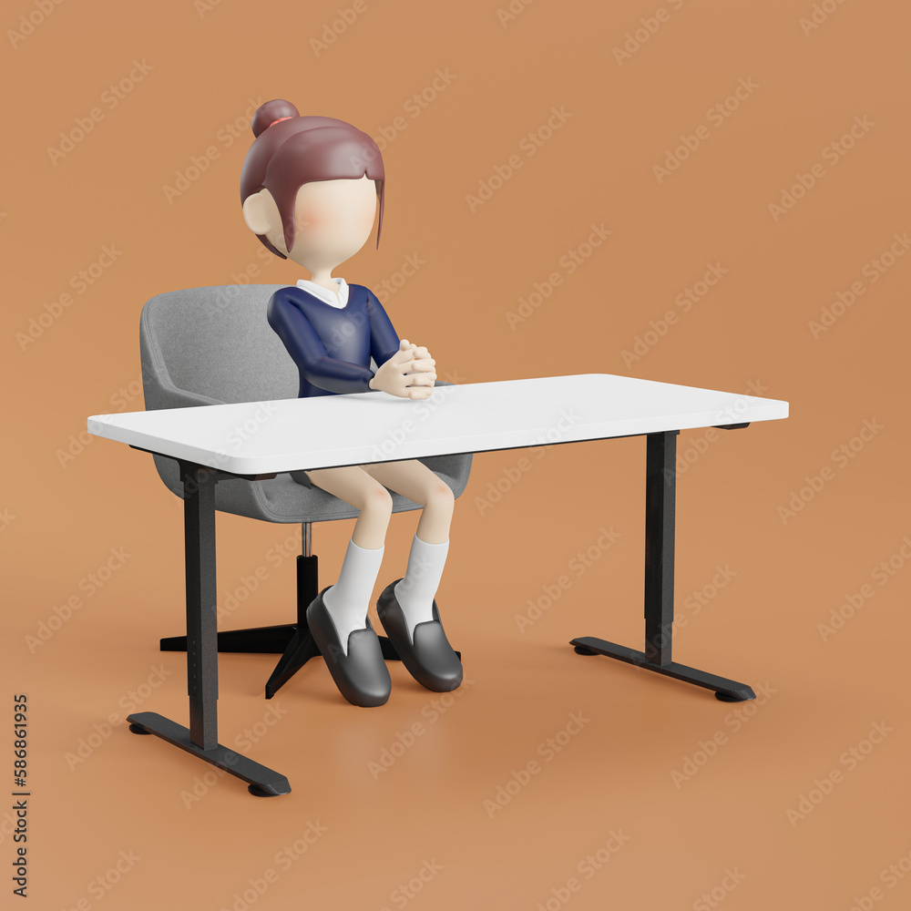Fototapeta premium 3d cartoon woman sitting in chair with laptop, illustration isolated on white background