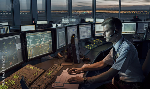 Airport traffic controllers dispatchers at work, they are responsible for directing aircraft on the ground and in the air to ensure safe and efficient movement. Generative AI