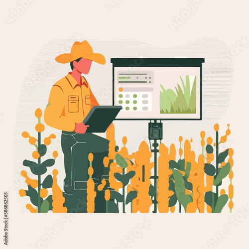 Farmer uses AI or Artificial Intelligence for agriculture monitoring. Flat style vector illustration. Human interaction with a neural network concept. Generative AI 