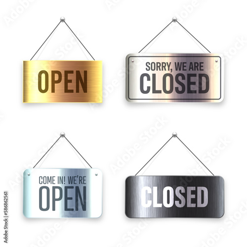 Brushed metal Open and Closed hanging signboards. Vintage door sign for cafe, restaurant, bar or retail store. Announcement banner, information signage for business or service. Vector illustration