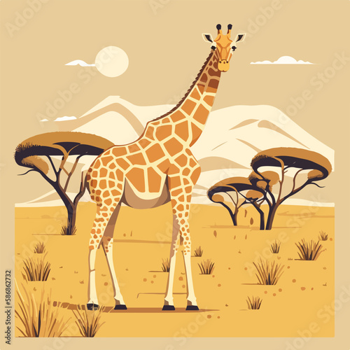 Wild giraffe in savannah. African animal in natural habitat. Flat vector illustration concept. Generative AI