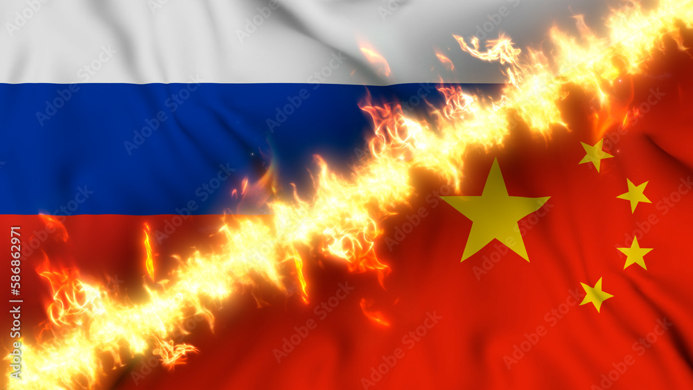 Αυτοκόλλητο Illustration of a waving flag of russia and China separated by a line of fire