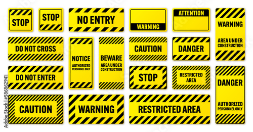 Various black and yellow warning signs with diagonal lines. Attention, danger or caution sign, construction site signage. Realistic notice signboard, warning banner, road shield. Vector illustration