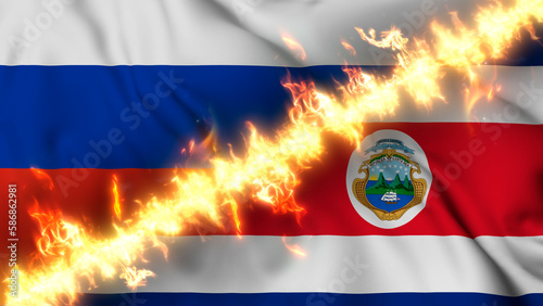 Illustration of a waving flag of russia and Costa Rica separated by a line of fire. Crossed flags  depiction of strained relations  conflicts and rivalry between the two countries.