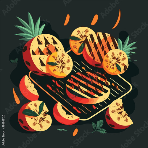 Grilled peaches and pineapple. Fruit summer barbecue. Vegetarian fruity American BBQ. Flat vector illustration concept. Generative AI